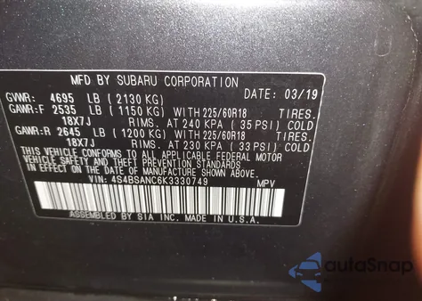 2019 Subaru Outback 2.5I Limited from USA, damaged, VIN 4S4BSANC6K3330749